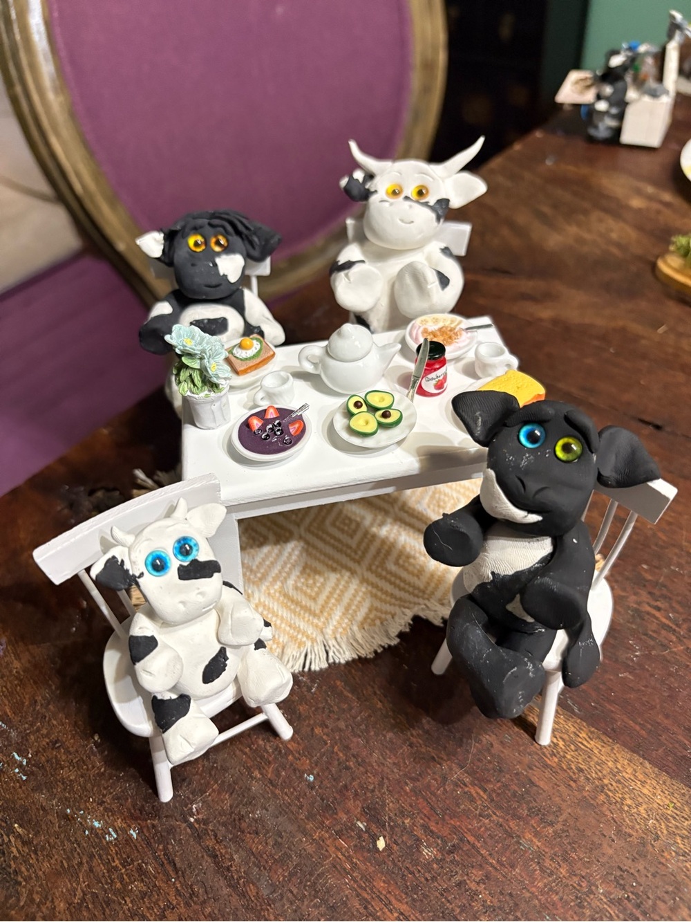 Handmade Clay Cow Figurine Tea Party Set - Black & White